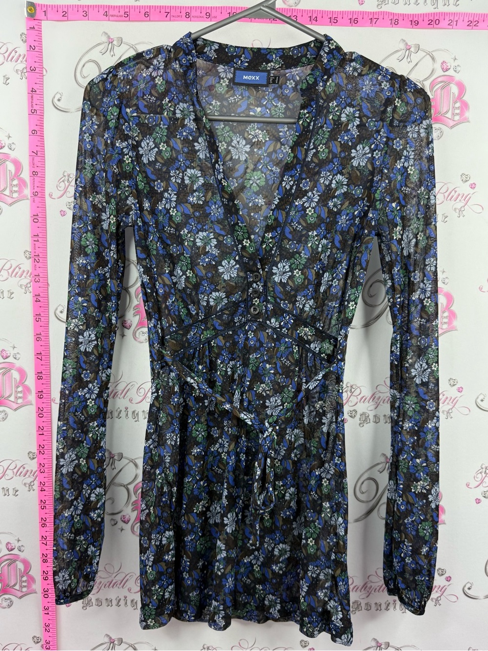 Mexx Black Long Sleeve Floral V-Neck Top with Blue & Green Print